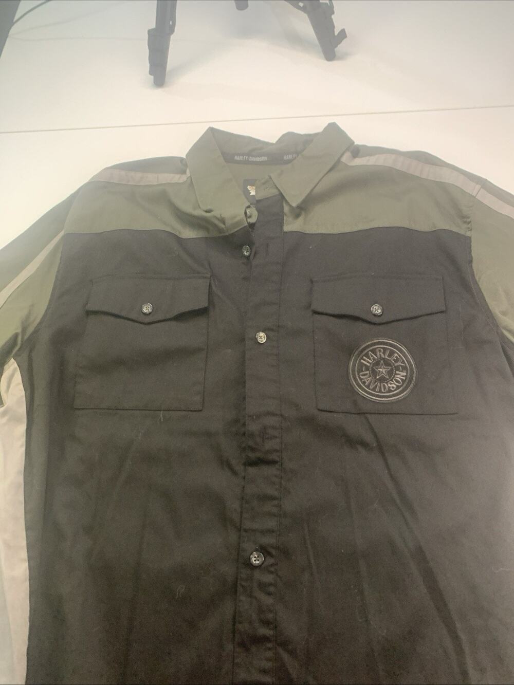 Harley Davidson Garage Button Down Green Black Logo Men’s XL Short Sleeve